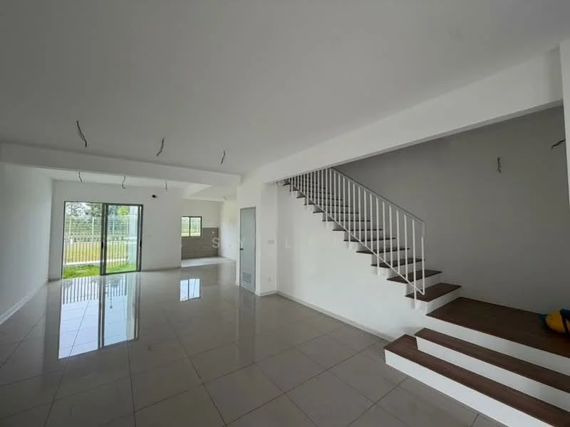 Living features: white painted walls, glossy ceramic tile flooring, recessed downlights, floor-to-ceiling windows, sliding glass door, staircase with wooden steps and white railing, open layout, natural light from windows, view of garden; style: modern; view: garden.