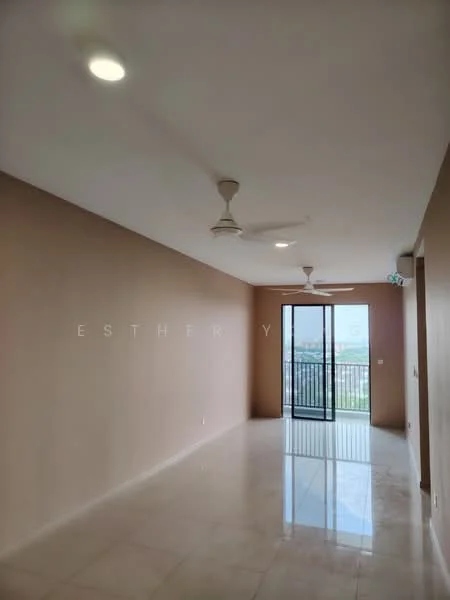 Living features: cream painted walls, polished marble flooring, 2 ceiling fans, floor-to-ceiling sliding glass door, balcony access, natural light from windows, open layout, neutral color scheme; style: modern; view: city.
