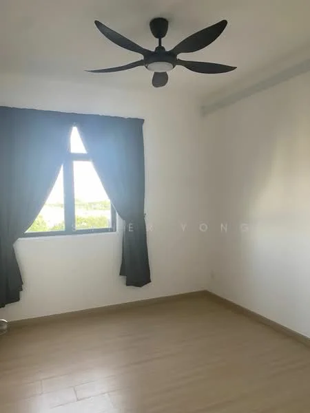 Room features: white painted walls, wooden flooring, 5-blade ceiling fan, black curtains, window with grid design; view: garden.