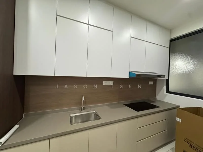 Kitchen features: white shaker cabinets, laminate countertop, stainless-steel sink, chrome pull-down faucet, built-in stove, wall-mounted range hood, tile backsplash, dark wood accent wall, under-cabinet lighting, box for storage; style: modern.