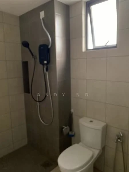 Bathroom features: walk-in shower with glass enclosure, rain shower head, toilet, single-sink vanity, tile cladding, grey ceramic tile flooring, window for natural light, shower mixer, wall-mounted shower unit; style: modern.