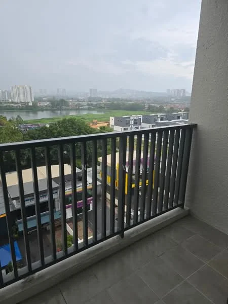 Room features: balcony, metal railing, grey tiled flooring, city view, surrounding buildings view, greenery view; view: city.