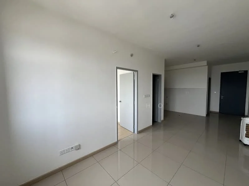 Room features: white painted walls, glossy tile flooring, recessed ceiling lights, doorway to adjacent rooms, neutral color scheme, no visible furniture, large windows, open layout; style: modern.