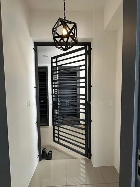 Room features: black metal security gate, white painted walls, glossy beige tile flooring, geometric pendant light, open doorway, shoe rack area, minimalist design; style: modern.