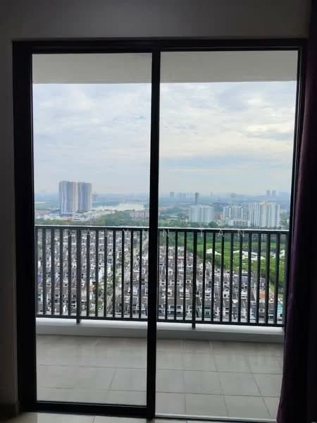 Room features: sliding glass door, floor-to-ceiling windows, grey tiled flooring, balcony view of city skyline, railing with black metal bars, curtains in purple fabric; style: modern; view: city.