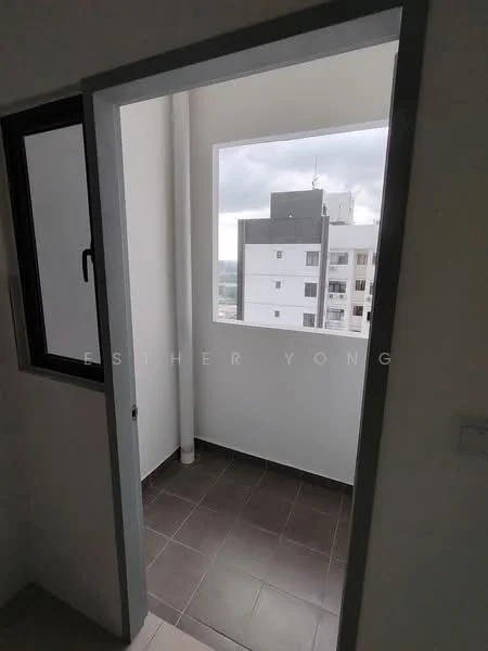 Room features: grey tiled flooring, white walls, large window, door leading to balcony, pipe visible on wall; view: city.
