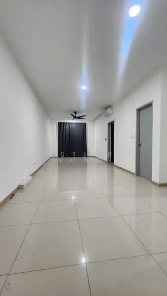 Living features: white painted walls, glossy ceramic tile flooring, 5-blade ceiling fan with light, recessed LED downlights, floor-to-ceiling window with blackout curtains, air conditioning unit, neutral color scheme, door leading to other rooms; style: modern.