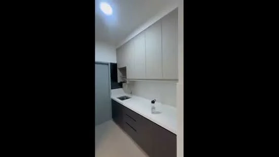 Kitchen features: light grey cabinetry, dark brown lower cabinets, white quartz countertop, built-in stove, single-bowl stainless-steel sink, chrome pull-down faucet, wall-mounted range hood, tile backsplash, recessed downlights, neutral wall colour, flooring with light colour, open shelving, kitchen window; style: modern.