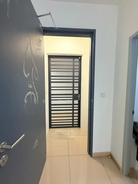 Room features: blue painted door, metal security door with horizontal slats, white walls, light-colored floor tiles, doormat, door frame, light switch, door handle; style: modern.
