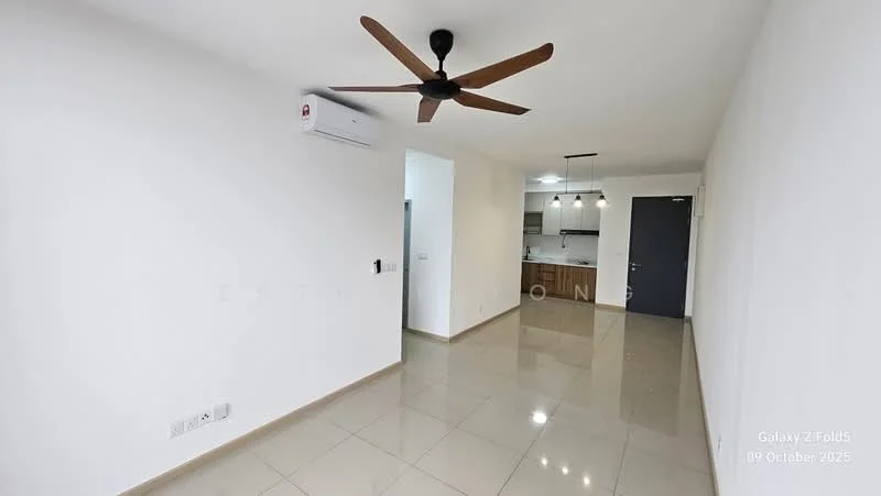 Living features: white painted walls, glossy beige tile flooring, 5-blade ceiling fan with light, wall-mounted split AC, recessed LED downlights, open layout, doorway leading to kitchen, doorway leading to hallway; style: modern.