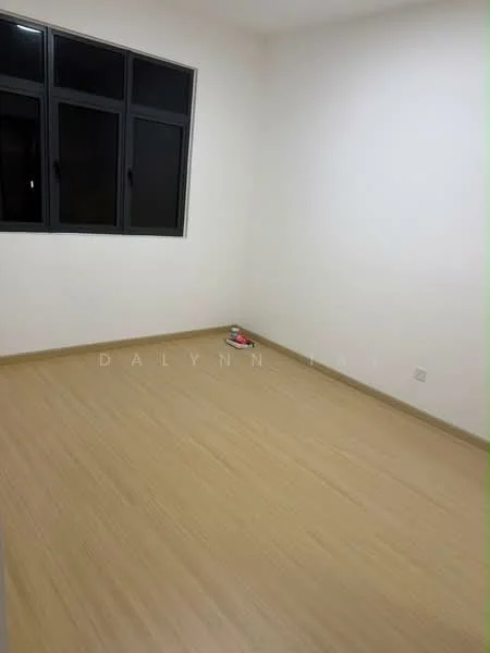 Room features: white painted walls, light wood laminate flooring, three large windows, no visible furniture, neutral color scheme; style: minimalist.