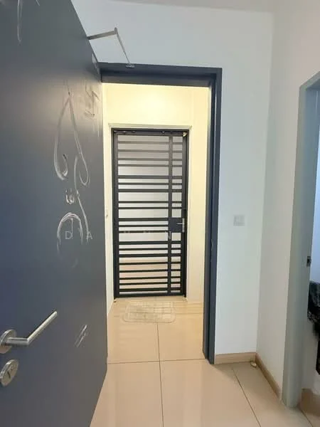 Room features: blue painted door, metal security door with horizontal slats, white walls, glossy tile flooring, doormat, light switch, door frame, door handle; style: modern.