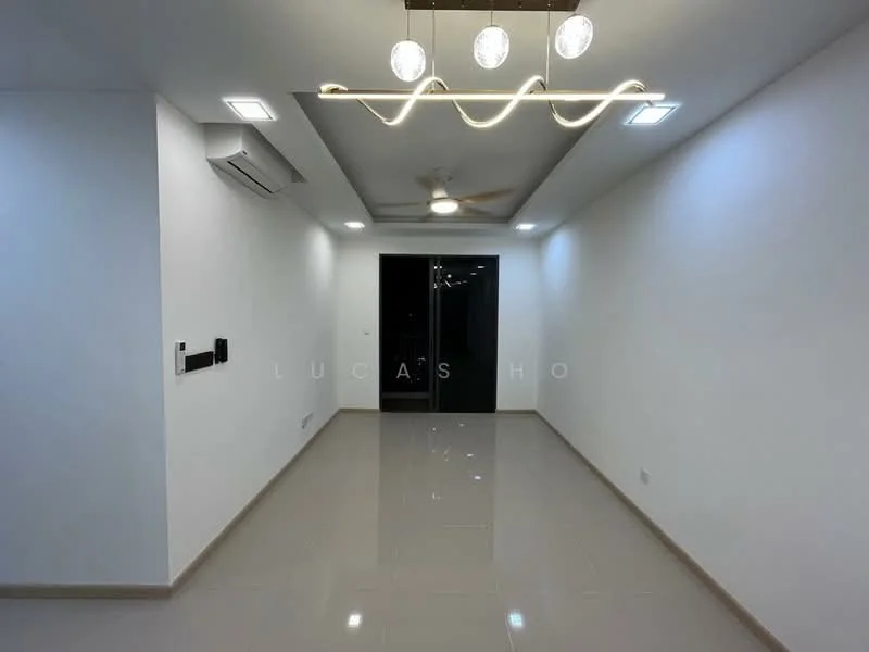 Room features: white painted walls, glossy ceramic tile flooring, recessed downlights, 5-blade ceiling fan with light, sliding glass door, air conditioning unit, modern light fixture; style: modern.