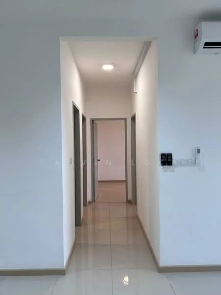 Hallway features: white painted walls, glossy tile flooring, recessed ceiling lights, 1 wall-mounted split AC, doorways leading to other rooms; style: modern.
