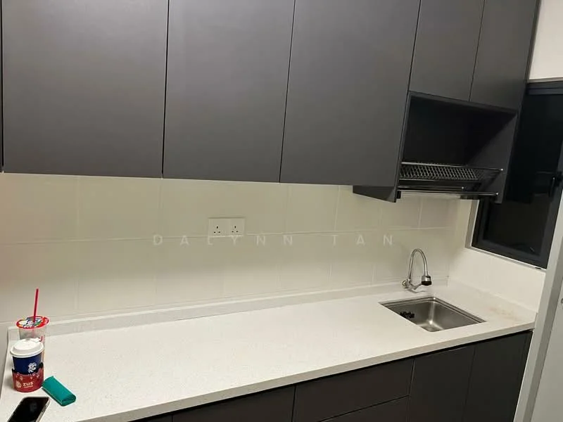 Kitchen features: grey cabinetry, white quartz countertop, single-bowl stainless-steel sink, chrome pull-down faucet, white tiled backsplash, under-cabinet lighting, open shelving, window with black frame; style: modern.