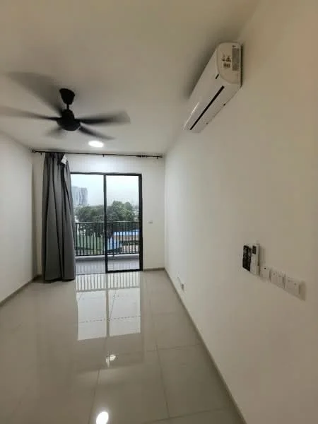 Room features: white painted walls, glossy ceramic tile flooring, 5-blade ceiling fan, wall-mounted split AC, floor-to-ceiling sliding glass door, blackout curtains, balcony view, recessed ceiling lights, electrical outlets on wall; style: modern; view: pool.