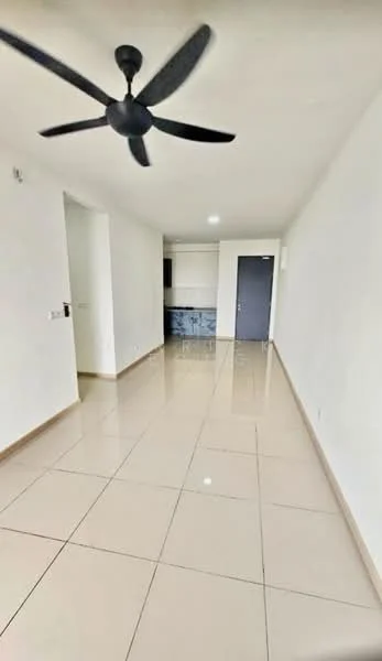 Room features: white painted walls, glossy ceramic tile flooring, 5-blade ceiling fan in black, recessed downlights, open layout, doorway leading to another room, wall-mounted TV console, neutral color scheme; style: modern.