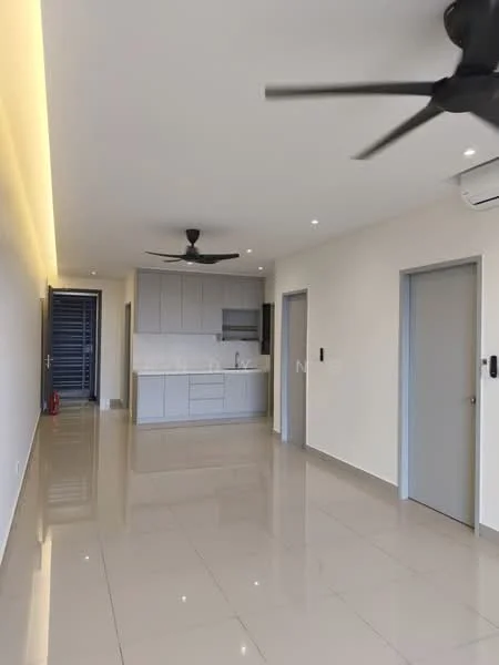 Living features: glossy porcelain tile flooring, white painted walls, recessed downlights, 5-blade ceiling fan, wall-mounted split AC, open kitchen layout, kitchen cabinetry with grey finish, countertop with integrated sink, door leading to hallway, door leading to bedroom, door leading to utility area; style: modern.