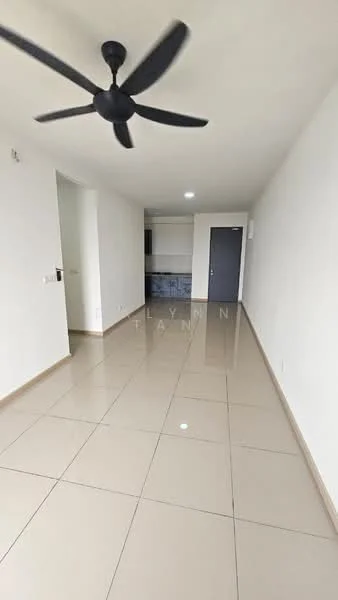 Room features: white painted walls, glossy ceramic tile flooring, 5-blade ceiling fan, recessed downlights, open layout, doorway leading to another room, kitchen cabinetry visible in the background, neutral color palette; style: modern.