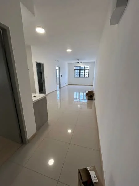 Room features: white painted walls, glossy ceramic tile flooring, recessed downlights, ceiling fan, large window, open layout, neutral color scheme, doorway leading to another room, box storage on the floor; style: modern.