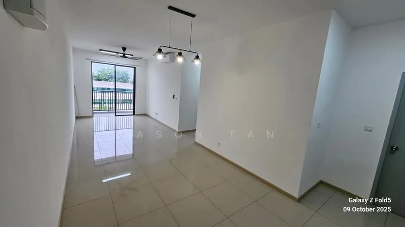 Living features: white painted walls, glossy ceramic tile flooring, 5-blade ceiling fan with light, recessed LED downlights, sliding glass door, floor-to-ceiling windows, balcony access, neutral decor; style: modern; view: garden.