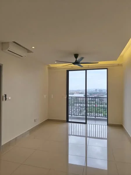 Living features: white painted walls, polished ceramic tile flooring, 5-blade ceiling fan with light, wall-mounted split AC, floor-to-ceiling sliding glass door, balcony access, recessed downlights, neutral color scheme; style: modern; view: city.