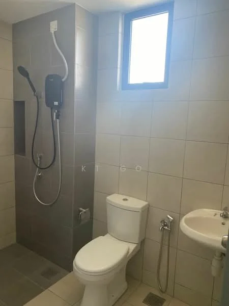 Bathroom features: white tiled walls, grey tiled flooring, walk-in shower with glass partition, rain shower head, handheld shower, toilet, single-sink vanity, chrome basin mixer, window for natural light, shower heater, towel rack; style: modern.