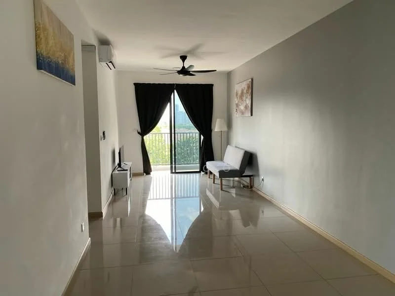 Living features: large floor-to-ceiling sliding glass door, blackout curtains, 5-blade ceiling fan, wall-mounted TV, laminate flooring, light grey painted walls, decorative artwork on wall, sofa bed, lamp, coffee table; style: modern; view: garden.