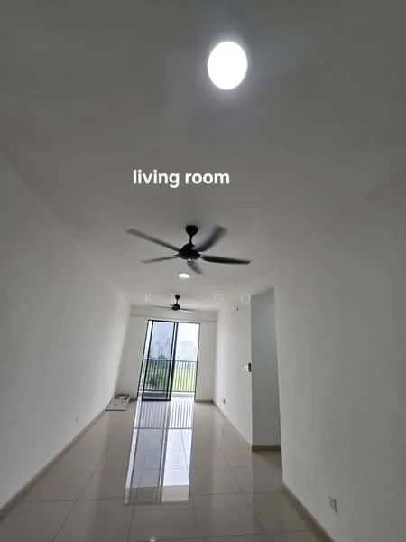 Living features: white painted walls, polished ceramic tile flooring, 5-blade ceiling fan, recessed downlights, floor-to-ceiling sliding glass door, balcony access, large windows, neutral color scheme; style: modern; view: city.