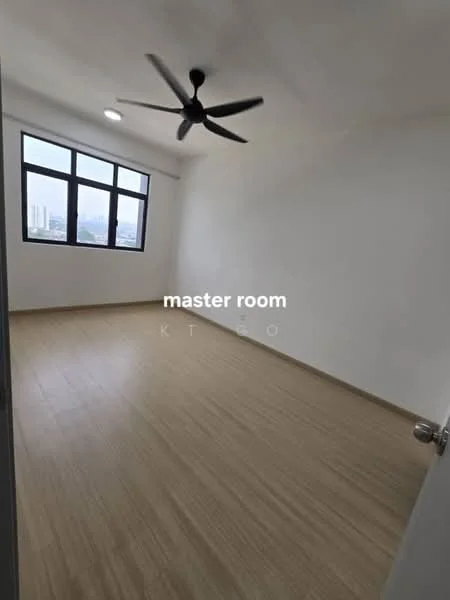 Bedroom features: light wood laminate flooring, white painted walls, 5-blade ceiling fan, large windows, city view, no visible furniture, neutral color scheme, natural light; style: modern; view: city.