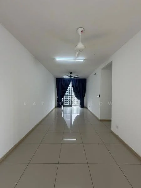 Living features: white painted walls, glossy ceramic tile flooring, 5-blade ceiling fan with light, floor-to-ceiling windows, sliding glass door, sheer curtains, dark blue curtains, natural light from windows; style: modern; view: city.