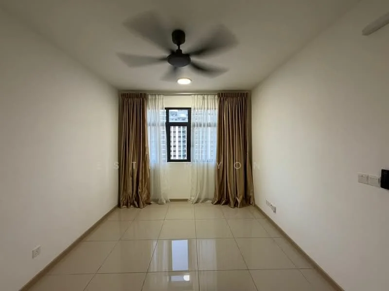 Living features: white painted walls, glossy tile flooring, 5-blade ceiling fan with light, floor-to-ceiling window, sheer curtains, brown curtains, recessed ceiling light; style: modern; view: city.