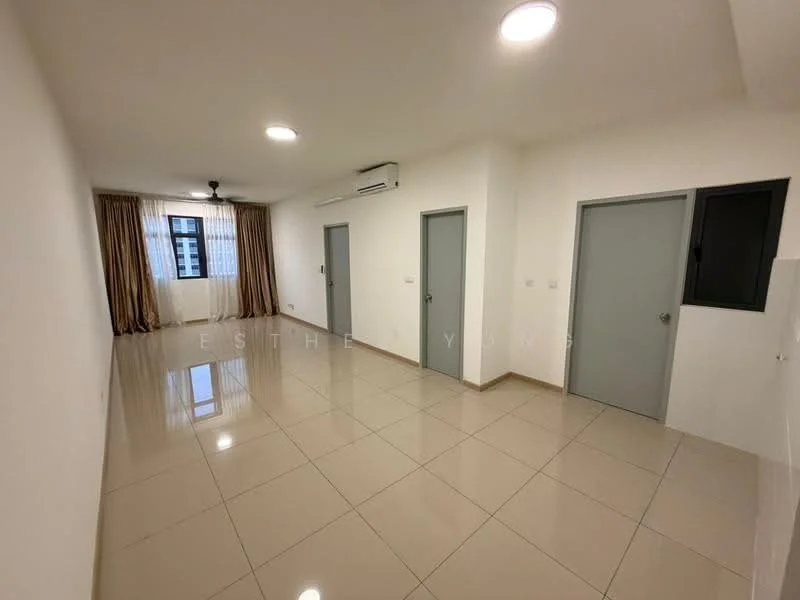 Room features: white painted walls, glossy ceramic tile flooring, recessed downlights, 1 ceiling fan, floor-to-ceiling windows, sheer curtains, 2 grey doors, 1 window with black frame, neutral color scheme, open layout; style: modern; view: city.