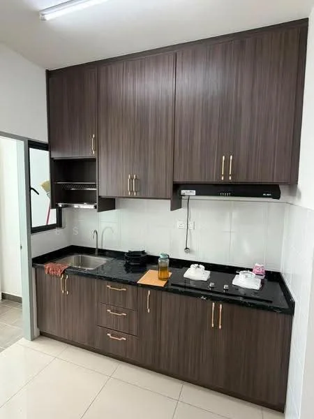 Kitchen features: dark wood cabinetry with gold handles, black granite countertop, single-bowl stainless-steel sink, chrome pull-down faucet, built-in stove with hood, white tiled backsplash, white walls, tile flooring, open shelving above countertop, kitchen utensils on countertop; style: modern.