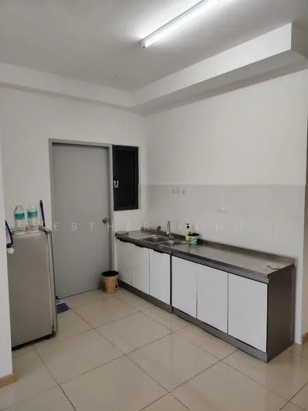 Kitchen features: stainless-steel countertop, white cabinetry, double-bowl stainless-steel sink, chrome pull-down faucet, built-in cabinet for storage, ceramic tile flooring, recessed ceiling lights, wall-mounted refrigerator, neutral painted walls; style: modern.
