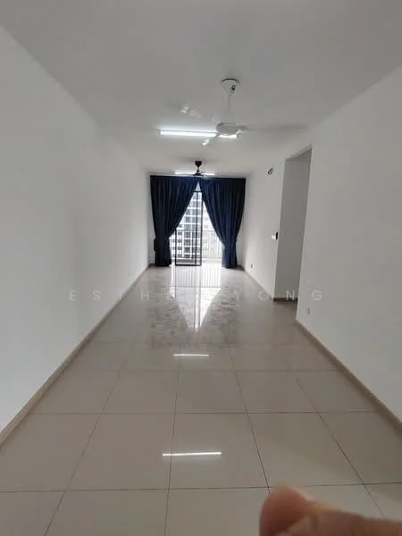 Living features: white painted walls, glossy ceramic tile flooring, 5-blade ceiling fan with light, floor-to-ceiling sliding glass door, blue curtains, natural light from window, neutral color scheme, open layout; style: modern; view: city.