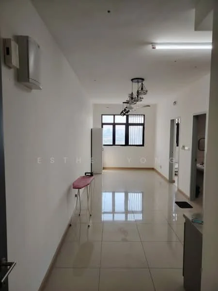 Room features: white painted walls, glossy ceramic tile flooring, ceiling light fixture with multiple bulbs, large window with grid pattern, doorway leading to another room, fridge, folding table, neutral color scheme; style: modern; view: city.