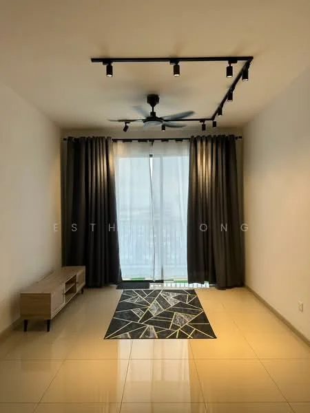 Living features: 5-blade ceiling fan, recessed LED downlights, floor-to-ceiling sliding glass door, grey curtains, cream painted walls, glossy ceramic tile flooring, wooden TV console, area rug with geometric pattern; style: modern; view: garden.