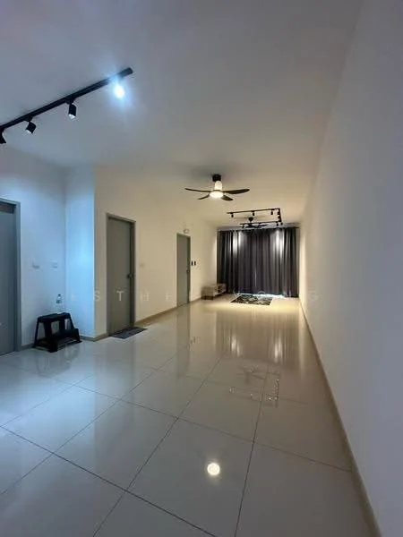 Room features: white painted walls, glossy ceramic tile flooring, recessed downlights, 5-blade ceiling fan, grey curtains, neutral color scheme, door with grey finish, open space layout; style: modern.