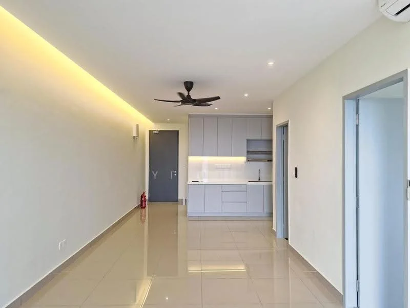 Living features: white painted walls, glossy ceramic tile flooring, recessed downlights, 5-blade ceiling fan with light, kitchenette with grey cabinetry, built-in oven, single-bowl stainless-steel sink, chrome pull-down faucet, countertop with backsplash, fire extinguisher, open layout, large windows, neutral color scheme; style: modern.