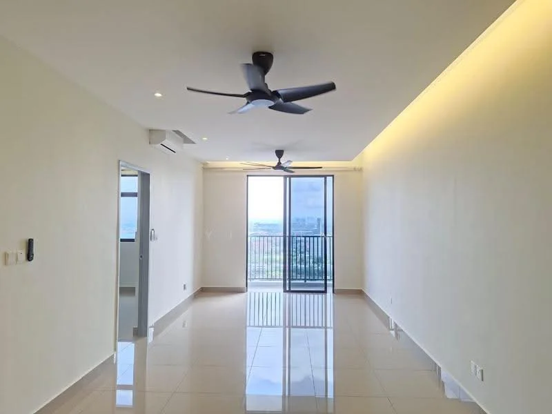 Living features: white painted walls, glossy tile flooring, 2 ceiling fans, floor-to-ceiling windows, sliding glass door, LED strip lighting, recessed downlights, balcony view; style: modern; view: city.
