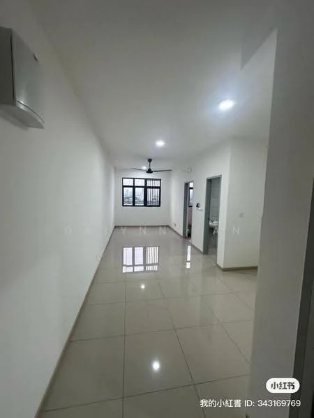 Room features: white painted walls, glossy ceramic tile flooring, 5-blade ceiling fan, recessed LED downlights, window with black frame, air conditioning unit on wall, doorway leading to another room, neutral color scheme; style: modern.