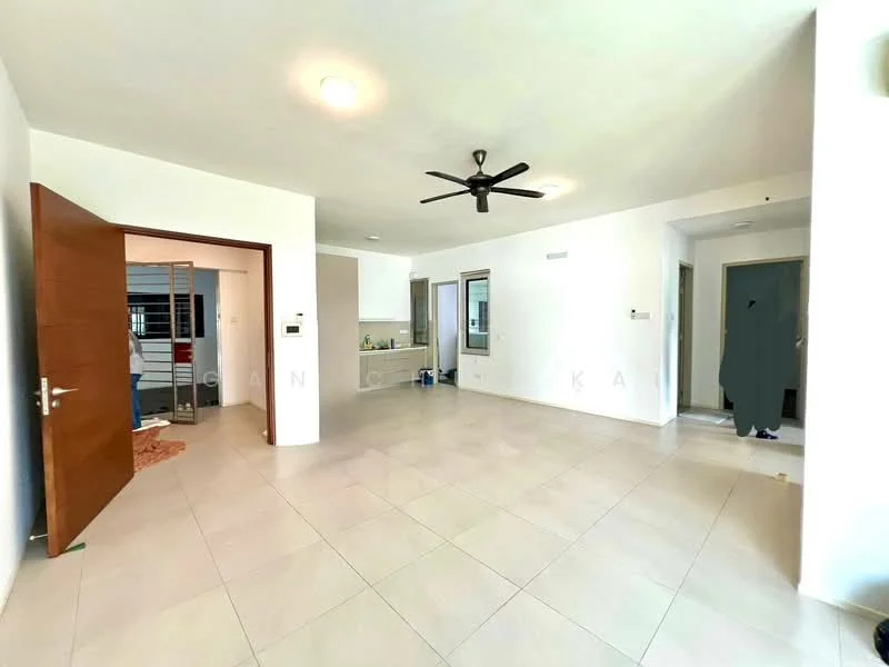 Living features: large floor tiles, white painted walls, ceiling fan, recessed downlights, open layout, sliding glass door, windows with natural light, neutral color scheme; style: modern. Kitchen features: kitchen cabinetry, countertop, sink, stainless-steel appliances, open to living area; style: modern. Room features: doorway to another room, additional door leading to hallway.