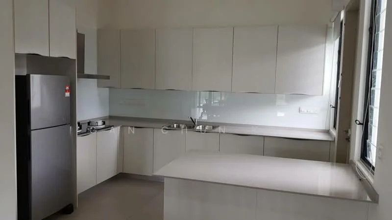Kitchen features: white cabinetry, grey countertop, stainless-steel fridge, glass backsplash, built-in gas stove, single-bowl stainless-steel sink, chrome pull-down faucet, wall-mounted cabinets, tile flooring, large window for natural light; style: modern.