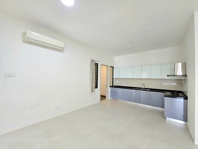 Kitchen features: white painted walls, light grey tiled flooring, ceiling-mounted air conditioning unit, kitchen cabinetry with glossy finish, black countertop, stainless-steel sink, built-in stove, extraction hood, recessed lighting; style: modern.