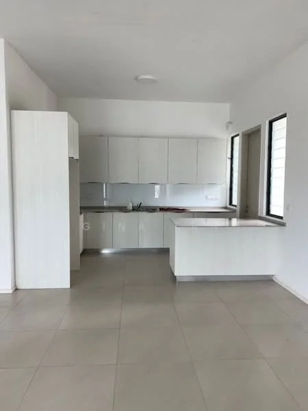 Kitchen features: white cabinetry, laminate countertop, single-bowl stainless-steel sink, chrome pull-down faucet, built-in oven, freestanding range oven, ceramic tile flooring, recessed downlights, large windows, open layout; style: modern.