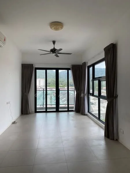 Living features: white painted walls, tile flooring, 5-blade ceiling fan, floor-to-ceiling windows, black window frames, grey curtains, mountain view, air conditioning unit; style: modern; view: mountain.