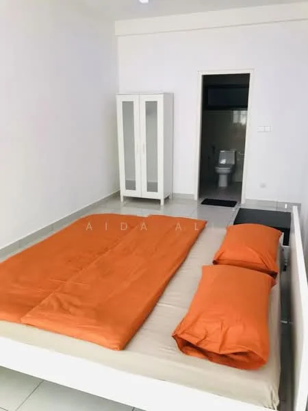 Bedroom features: queen-size bed with orange bedding, white bed frame, two orange pillows, white wardrobe with sliding doors, grey tiled flooring, plain white walls, recessed ceiling lights, window with no visible treatment; style: minimalist.