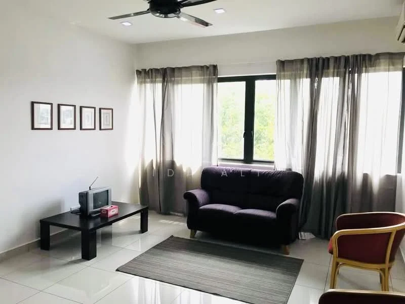 Living features: 3-seater fabric sofa in purple, coffee table, TV on stand, area rug with geometric pattern, floor-to-ceiling windows, sheer curtains, blackout curtains, ceiling fan with light, wall-mounted AC unit, light-colored walls, glossy tile flooring; style: modern; view: garden.
