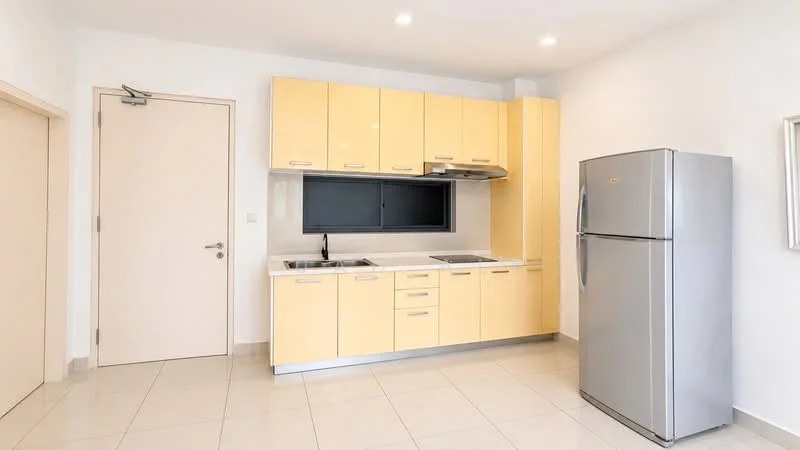 Kitchen features: yellow cabinetry, stainless-steel refrigerator, built-in stove, exhaust hood, double-basin sink, grey countertop, white tiled flooring, wall-mounted cabinets, window above sink, recessed lighting; style: modern.